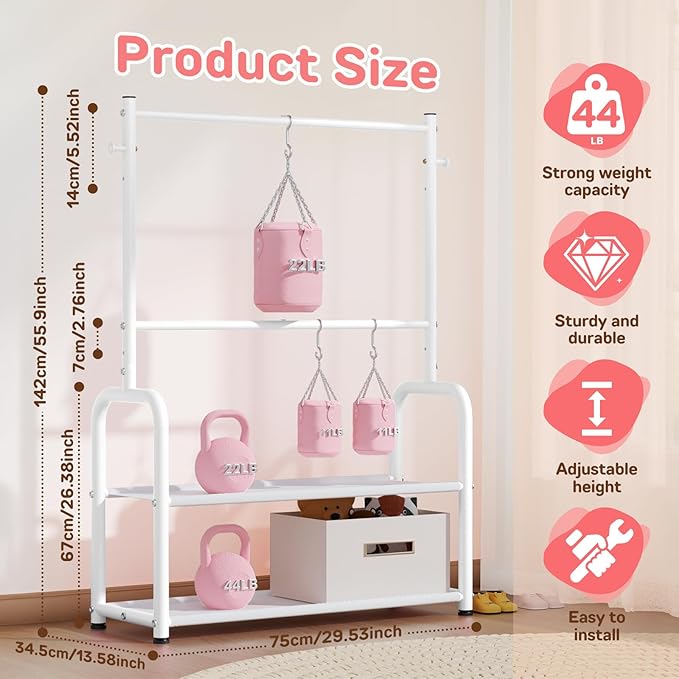 Kids Clothing Rack with 2-Layer Storage Shelf and 2 Adjustable Hanging Rods, Small Baby Closet Organizer for Hanging Clothes, Kids Dress Up Rack for Child (Classic, White)