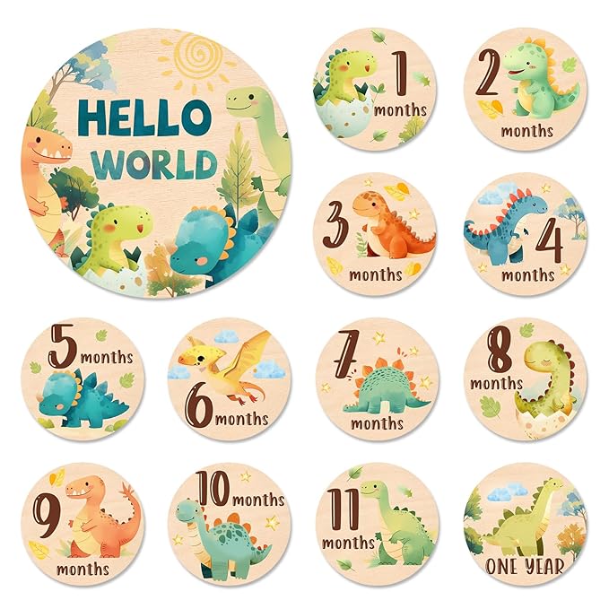 Baby Monthly Milestone Cards Sign - 13Pcs Double Sided Dinosaur Milestone Cards, Dino Pattern Wooden Circles Discs for Photo Props Newborn Announcement Marker, Baby Shower Newborn Sign Card Gift Set