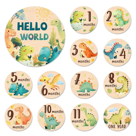 Baby Monthly Milestone Cards Sign - 13Pcs Double Sided Dinosaur Milestone Cards, Dino Pattern Wooden Circles Discs for Photo Props Newborn Announcement Marker, Baby Shower Newborn Sign Card Gift Set