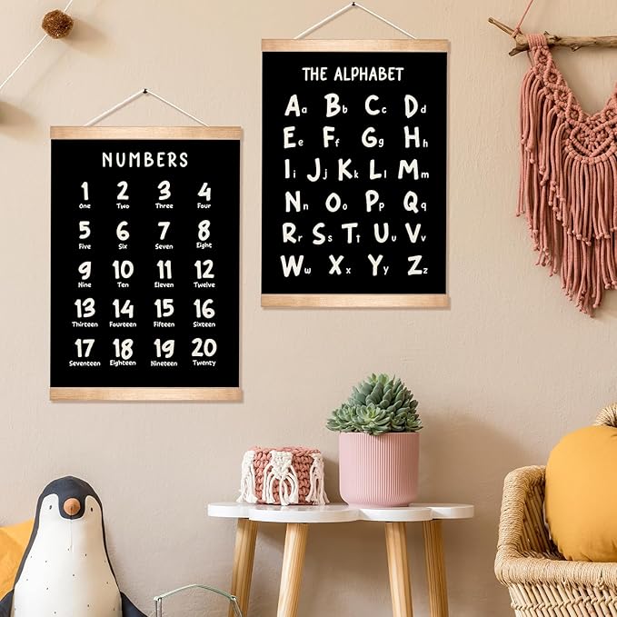Kids Alphabet and Numbers Educational Chart Set of 2 for Classroom Decor,Colorful Educational Poster for Toddlers 1-3,Toddler Learning Poster for Kids Ages 3-5 for Nursery Playroom,Classroom Must Haves (Black)