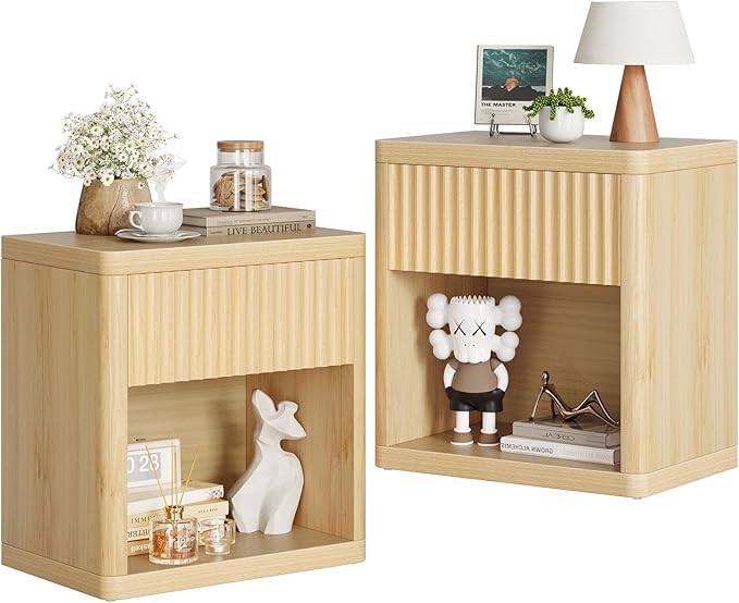 Night Stand Set of 2, Fluted Nightstand with Drawers, Wood Bedside Table with Storage, Bed Side Table Large Nightstands, End Tables Sofa Side Tables Night Stands for Bedroom Living Room