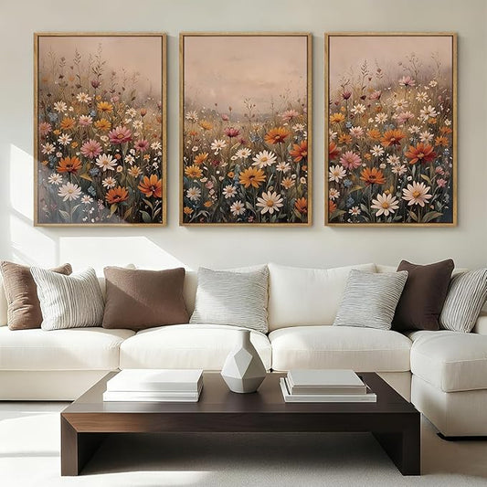 IARTTOP Extra Large Botanical Brown Framed Wall Art 24x36 Inch Set of 3 Vintage wildflower Art Prints Calming Nature Floral Landscape Wall Decor for Living Room Dining room Bedroom