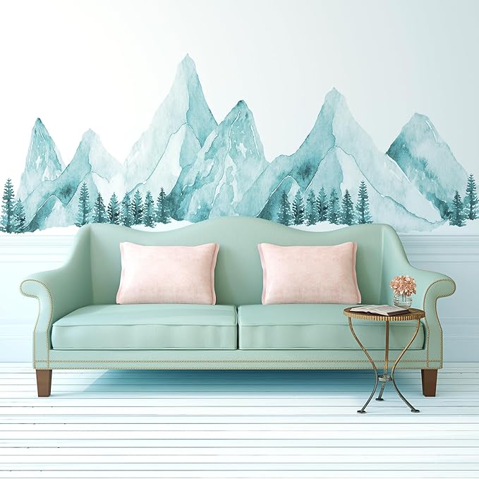 Large Mountain Wall Decals, Spa Green Pine Tree Peel and Stick Vinyl Wall Stickers & Murals, Removable Home Room Wall Decor for Bedroom Living Room Bedroom Classroom Office Nursery