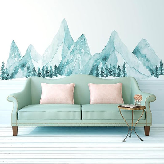Large Mountain Wall Decals, Spa Green Pine Tree Peel and Stick Vinyl Wall Stickers & Murals, Removable Home Room Wall Decor for Bedroom Living Room Bedroom Classroom Office Nursery