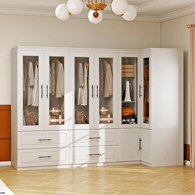 White Armoire Wardrobe Closet with 6 Door: Combination Corner Wood Wardrobe Closet Bedroom Armoire 4 Drawer with Hanging Rods for Home/Bedroom/Living Room