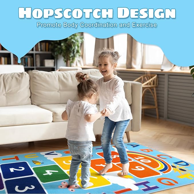 STARUIA Washable Hopscotch Kids Rug for Playroom, Colorful Educational Classroom Rugs with ABC Number, Non Slip Kids Play Rug Game Carpet for Bedroom Nursery Boy Girl （Blue, 31.5''x72''）