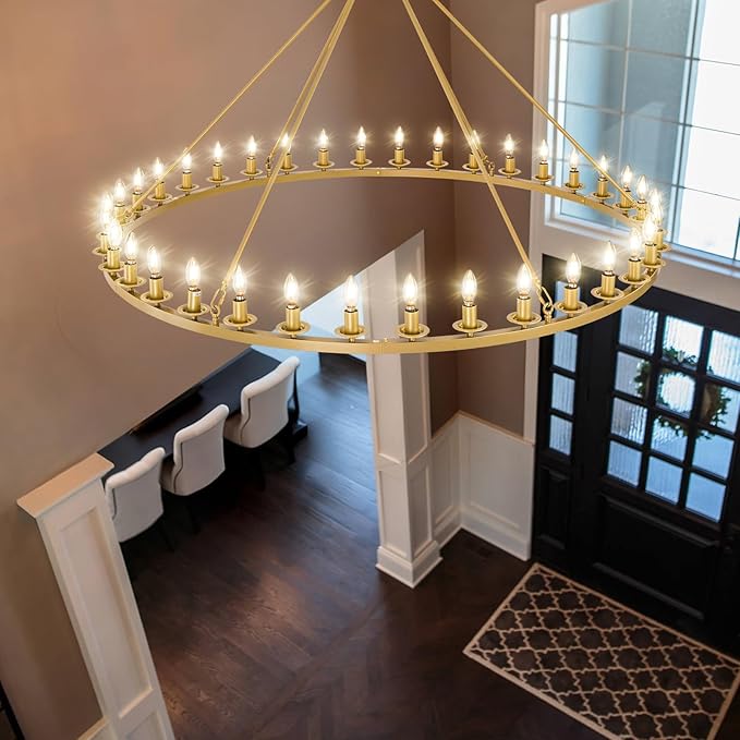 Wagon Wheel Chandelier, 36-Light Gold Large Round Modern Farmhouse Chandelier with Adjustable Height Island Light Fixture for High Ceiling Dining Room, Kitchen, Living Room, Entryways, Foyer