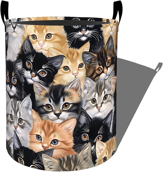 Cute Cat Close-Up Portrait Laundry Basket with Handles, 19.7"x15.7" Clothes Foldable Adorable Kittens Laundry Hamper Organizer for Dorm Nursery Bedroom Bathroom Decor, Toy Storage Bin for Kids