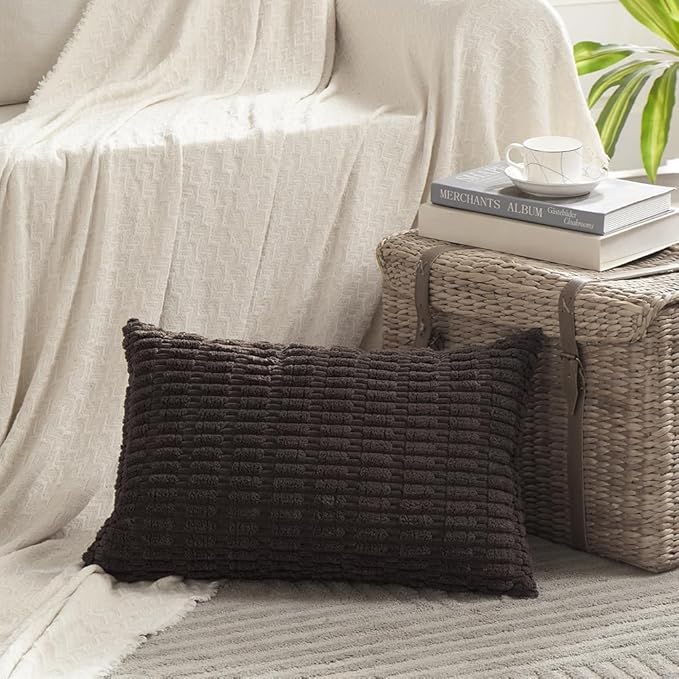 Fancy Homi 2 Packs Dark Brown Decorative Throw Pillow Covers 16x24 Inch for Living Room Couch Bed Sofa, Rustic Farmhouse Boho Home Decor, Soft Striped Corduroy Square Cushion Case 40x60 cm
