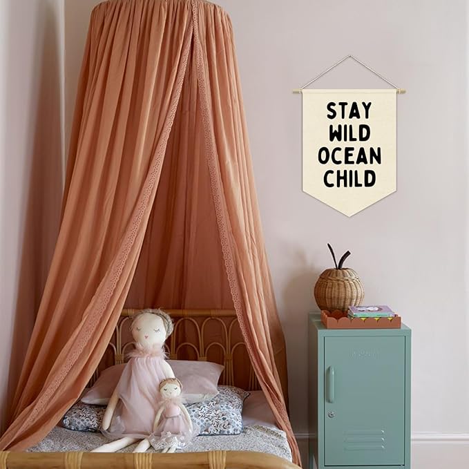 Ocean Nursery Decor, Stay Wild Ocean Child Linen Canvas Banner, Coastal Nautical Nursery Wall Hanging Pennant Flag Banner for Kids Toddler Room Bedroom Playroom Decor, 15x11in