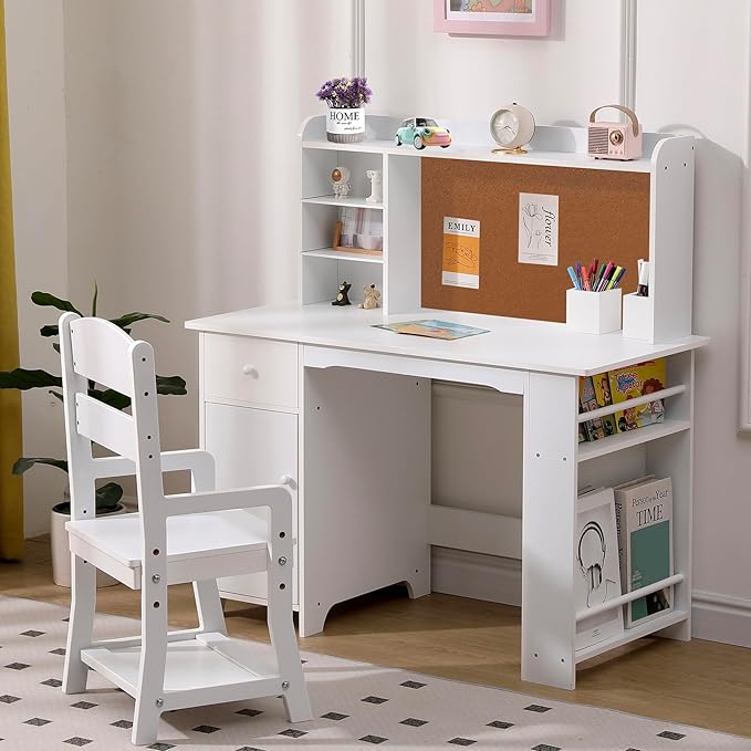 GarveeHome Kids Desk and Chair Set, Wooden Study Table with Storage Shelf, Bulletin Board, Children School Learning Desk Set, Writing Table for Boys and Girls, White