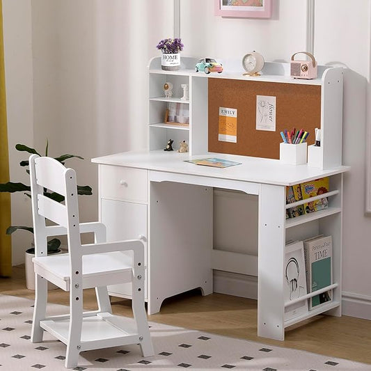 GarveeHome Kids Desk and Chair Set, Wooden Study Table with Storage Shelf, Bulletin Board, Children School Learning Desk Set, Writing Table for Boys and Girls, White