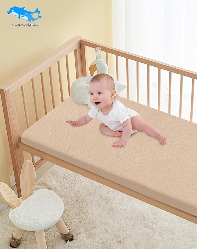 SWEET DOLPHIN 2-Pack Muslin Crib Sheets for Boys & Girls, Ultra Soft Breathable 40S Long-Staple Cotton Fitted Baby Sheets for Standard Crib Mattress 52"x28", Light Bean Paste- Nursery Essentials