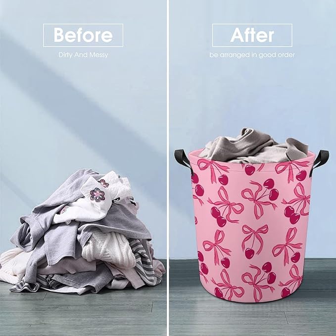 Pink Laundry Basket Cherry Decor Bow Laundry Hamper Clothes Toy Storage Bin for Bedroom Bathroom