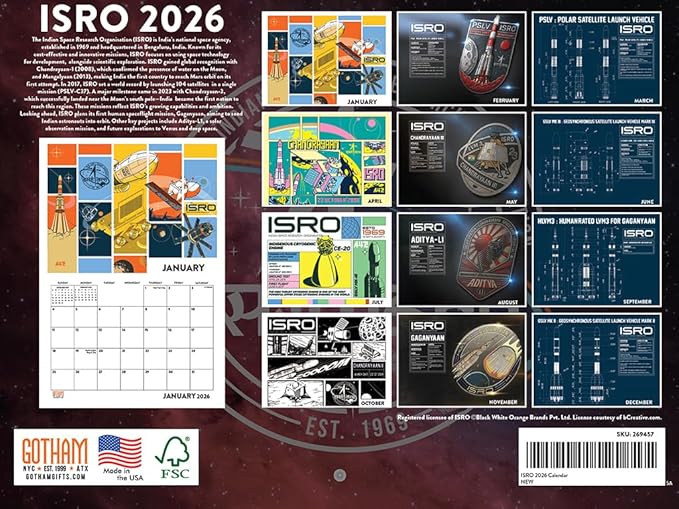 ISRO Indian Space Calendar 2026 Monthly Wall Calender 12 Month | American Made In The USA