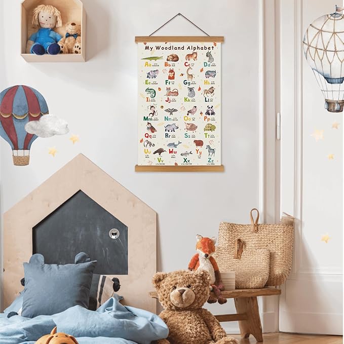 KAIRNE Kids Woodland Alphabet Poster With Wood Magnetic Hanging Framed(35CMx56CM)Children ABC Learning Art Prints,Safari Animal ABC Wall Art,Wildlife Alphabet Canvas Sign for Playroom Classroom Decor