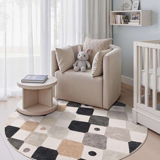 jinchan Macy Round Rug 5ft Kids Washable Rug Indoor Non-Slip Black and White Modern Soft Rug Elementary School Classroom Diamond Carpet for Nursery Playroom Daycare Bedroom Living Room Marble on Cream