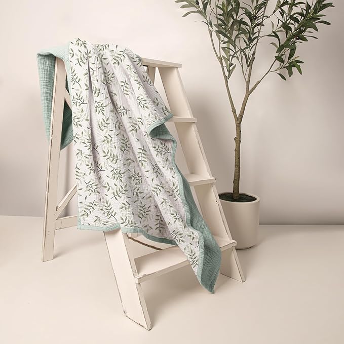 lulumoon Baby Muslin Blanket Neutral: Skin-Friendly Leaf Toddler Blanket - Ideal for Stroller 47"× 47" (Green Branches)
