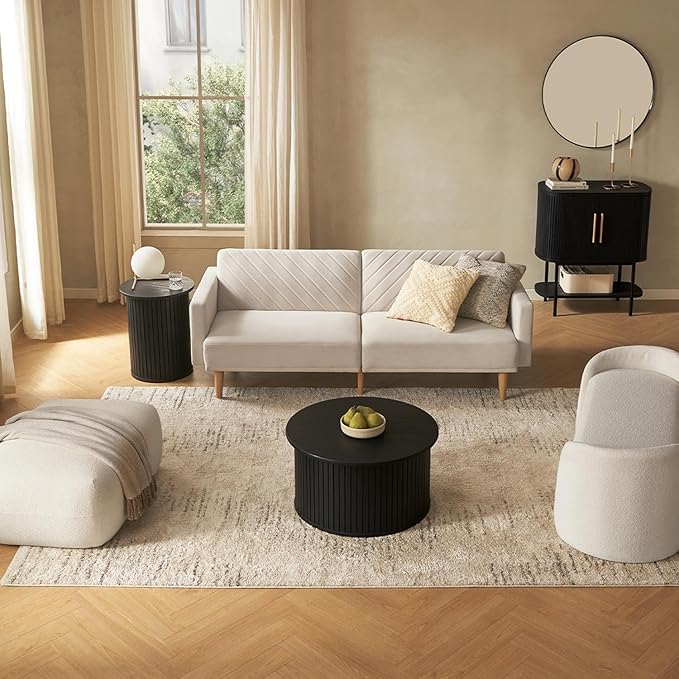 mopio Quin Pedestal Side Table, Tambour Round Fluted End Table, Small Accent Tables for Living Room, Mid Century Modern Night Stand, Circle Bedside Tables, Wood Nightstands for Bedroom (Black Oak)