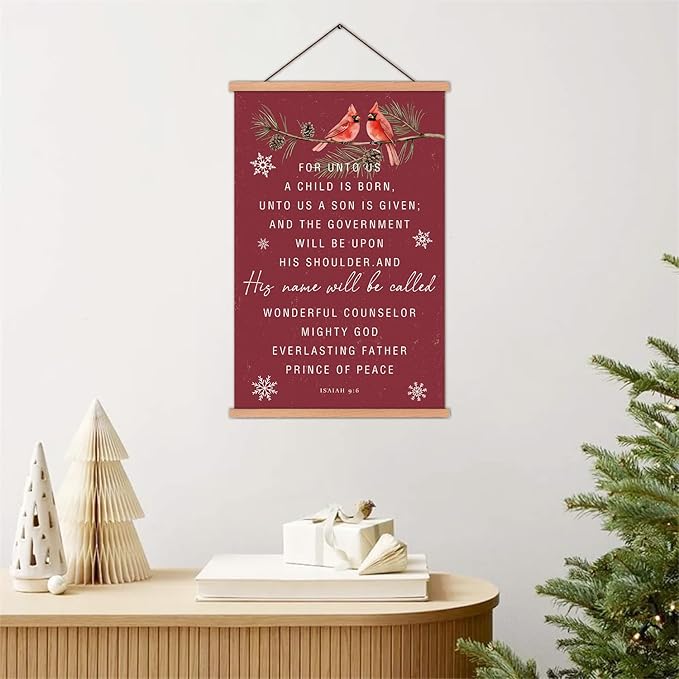 KAIRNE Christmas Canvas Wall Art,Christian Poster With Wooden Hanger(13.8”X22”),Bible Verse Wall Decor,Snow Red Bird Picture,Christmas Gift for Friends Family Living Room Bedroom Farmhouse Decor