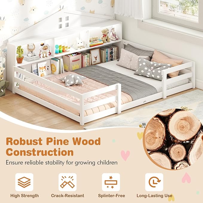 Giantex Full Size Montessori Floor Bed with LED Lights, 2-in-1 Wooden House Bed Frame with Safety Guardrails, Storage Compartments & Shelf, No Box Spring Needed, Without Slats, White