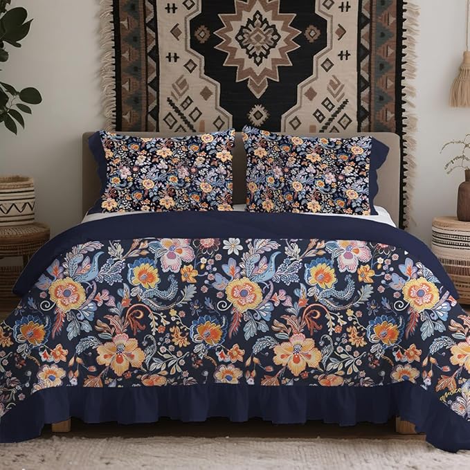 MAGRACE Ruffle Duvet Cover King Size 100% Cotton,3pc Linen Feel Boho Vintage Ruffled Quilt Cover Set French Country Rustic Cornflower Blue Comforter Cover Aesthetic Soft Bedding Set