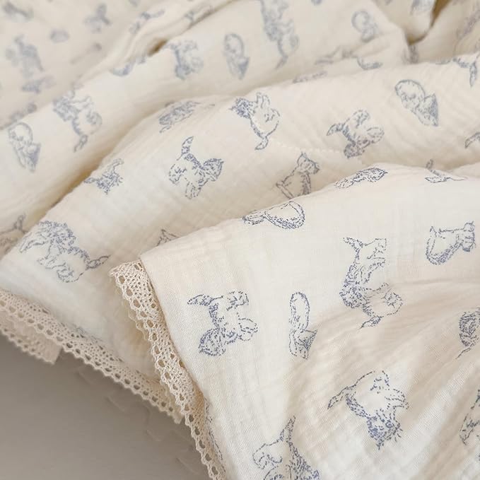 BuLuTu Boys Girls Toddler Bed Quilted Blanket Cotton Muslin Thin Summer Comforter for Twin Size Bed, Soft Breathable Kids Quilt with Lace Edges, 60x78 Inches, Blue Cat Pattern, No Pillow