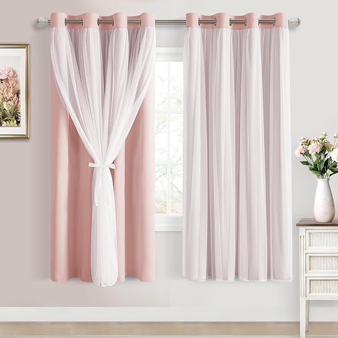 DWCN Blush Layered Curtains for Living Room Blackout and Sheer Curtains with Tiebacks Grommet Top Window Treatments with Sheer Overlay for Nursery, Girls Bedroom, 52 W by 63 L, 2 Pieces