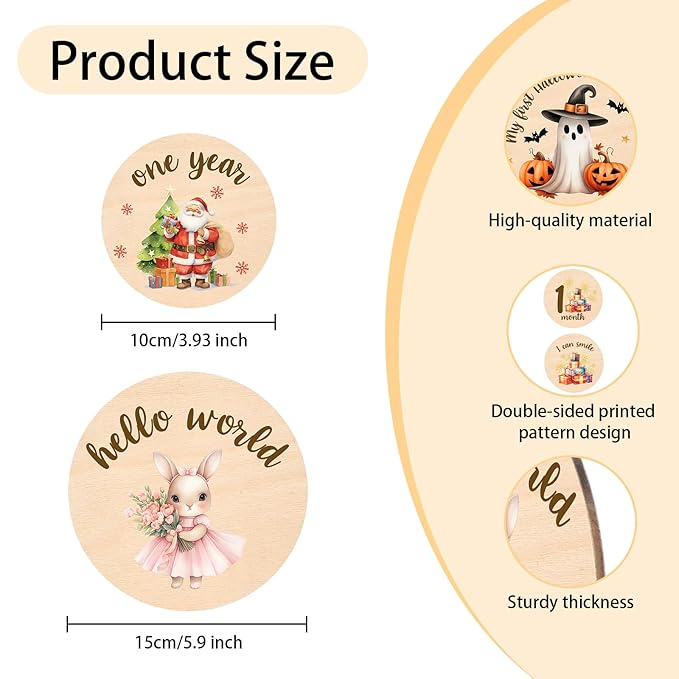 Baby Monthly Milestone Cards Rabbit - 13 Double Sided My First Holiday Milestone, Bunny Babies Shower Signs, Hello World Newborn Sign 1-12 Months for Photo Props, Welcome Baby Announcement Sign