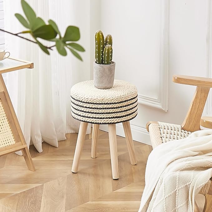 Cpintltr Round Ottoman Footstool Natural Seagrass Foot Stool Pouf Ottomans with Solid Wood Legs Hand Weave Hyacinth Footrest Step Stool for Living Room Balcony Garden Natural & Black