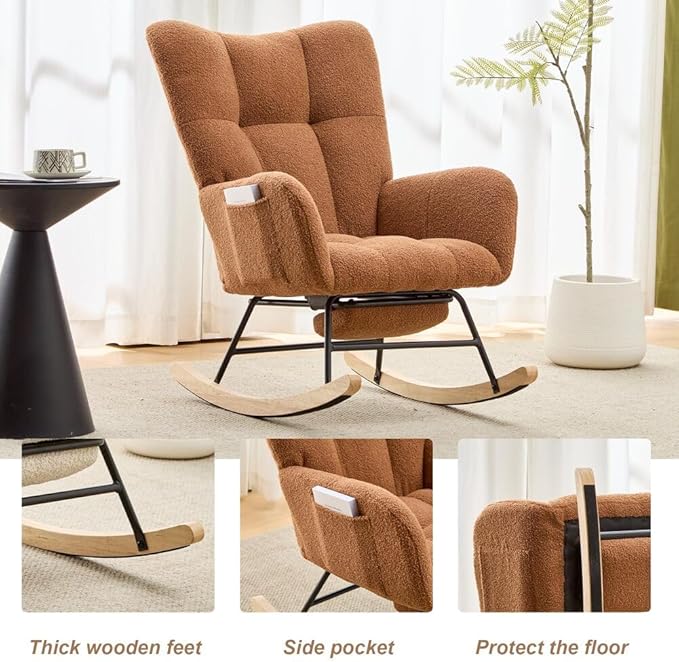 Nursery Rocking Chair Teddy Upholstered Glider Rocker with Footrest Accent Chair with High Backrest Armchair Comfy Side Pocket Chair for Living Room, Bedroom, Offices (Large Brown)