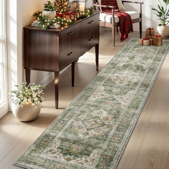 AMOAMI-2X10 Runner Rug-Washable Runners for Hallways-Soft Non Slip Bedside Rugs for Bedroom-Vintage Long Rug for Hallways Entryway Laundry Room Stair Kitchen Bathroom Green