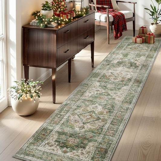 AMOAMI-2X10 Runner Rug-Washable Runners for Hallways-Soft Non Slip Bedside Rugs for Bedroom-Vintage Long Rug for Hallways Entryway Laundry Room Stair Kitchen Bathroom Green