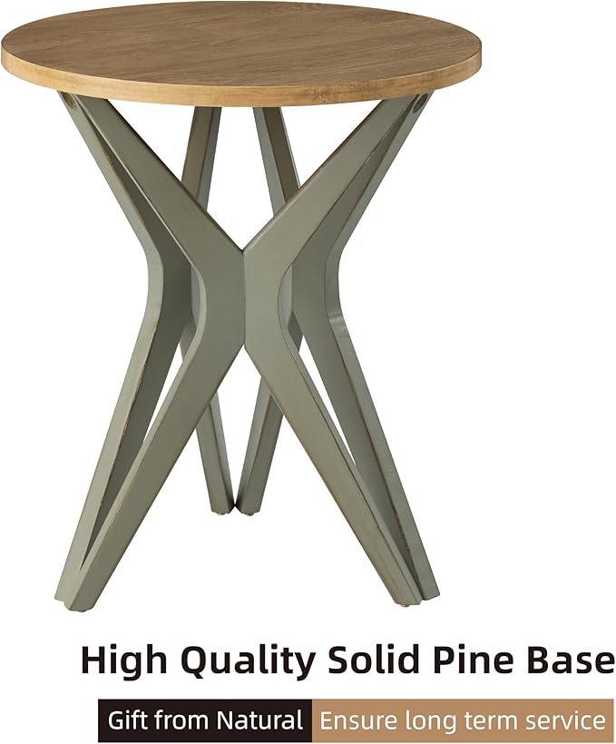 LONYKE Pedestal Farmhouse End Table Set of 2, Distressed Top with Tripod Base Bedside Table for Living Room, Modern, Boho, Round, Sage Green