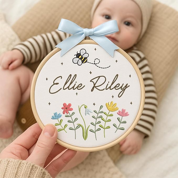 Personalized Baby Name Sign Welcome Baby Announcement Sign Newborn Baby Embroidery Hoop with Bows Baby Hospital Name Sign Custom Infant Baby Name Baby Shower Gifts (07)