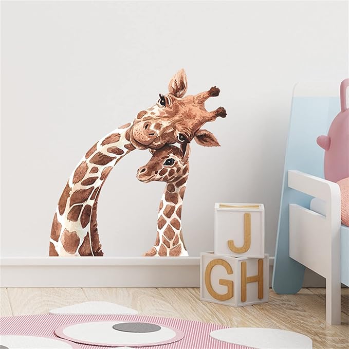 ROFARSO Lifelike Cute Lovely Mother and Little Giraffe Animal Wall Sticker Removable Wall Decal Peel and Stick Wall Art Decoration Home Decor for Nursery Kid Baby Bedroom Living Room Playing Room