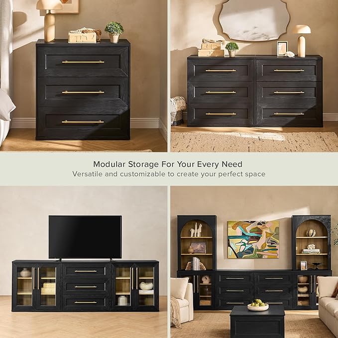 mopio Blake 3 Drawer Dresser for Bedroom, Chest of Drawers, Wood Dresser Organizer, Modern Farmhouse, Tall Night Stand, Enhanced Safety, Sturdy Compliant (1, Black Oak, One Size)