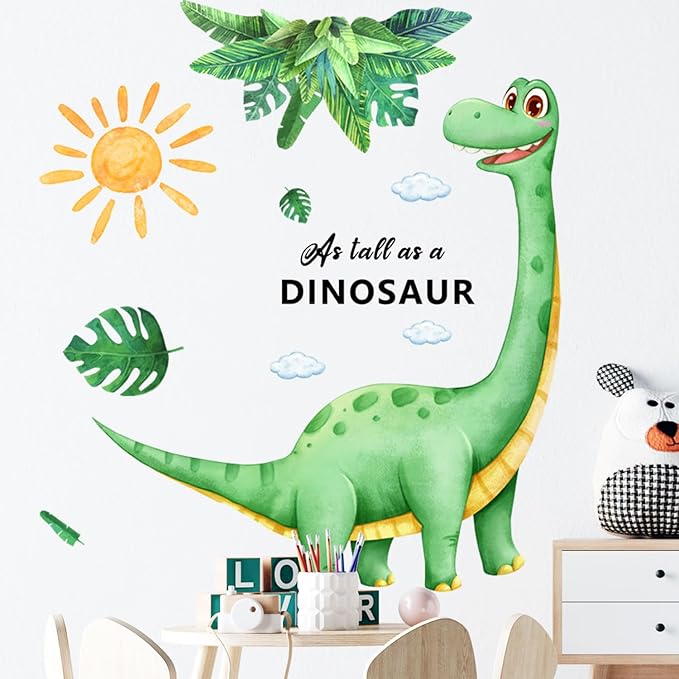 Large Dinosaur Wall Decals Removable Self-Adhesive Dino Mural with Palm Leaves Sun, Watercolor Kids Wall Stickers for Nursery Bedroom Playroom Boys Room Decor in Green and Yellow