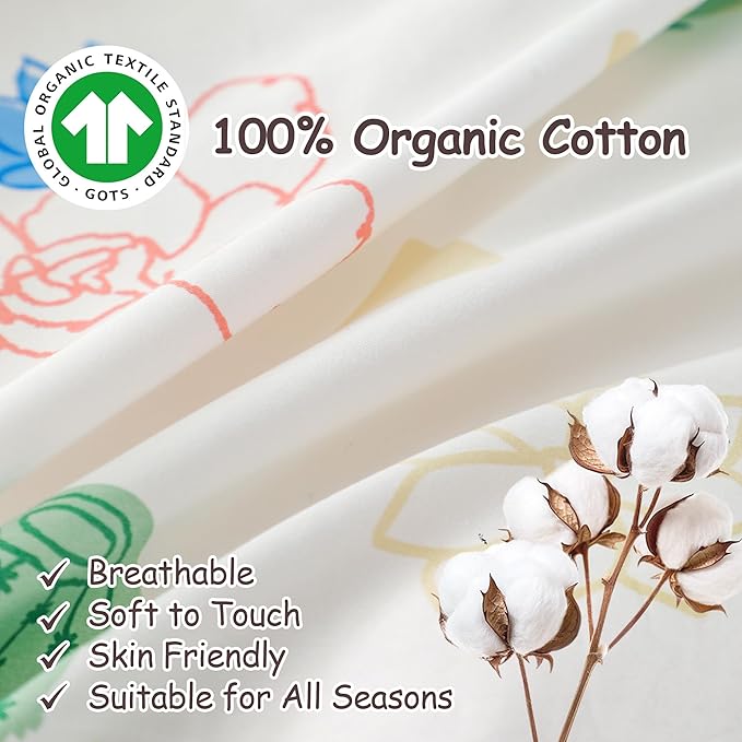 Simple&Opulence 100% Organic Cotton Duvet Cover for Kids Teens, 4 Pieces Soft Comforter Cover with Zipper Closure Warm Adorable Flamingo Bedding Set - Cactus, Full/Queen