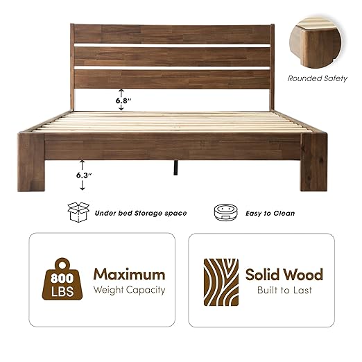 Queen Size Bed Frame with Headboard & Footboard Solid Wood Platform Bed, Central Metal Legs, 12 Sturdy Slatted Base, Easy Assembly, No Box Spring Needed, Anti-Noise & Slip-Free, Walnut Finish, QIQ-37
