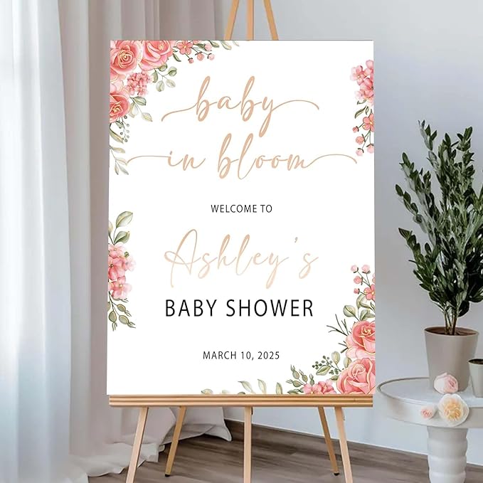 Personalized Pink Roses Baby in Bloom Welcome Sign - Elegant Floral Baby Shower Announcement Sign - Girl Entrance Decor