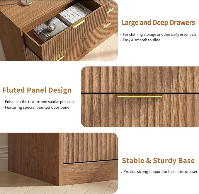 Fluted Dresser for Bedroom with 9 Drawer, 63” Wide Wooden Dresser Mid Century Chest of Drawers with Handle, Dressers TV Stand Storage Organizer for Bedroom, Living Room, Natural Wood