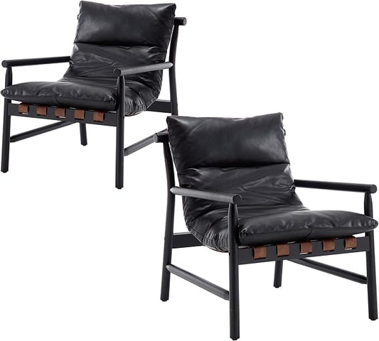 Faux Leather Accent Chair Set of 2 Mid Century Modern Living Room Chairs Comfy Arm Chair with Solid Wood Frame Upholstered Lounge Reading Chair Cozy Recliner for Bedroom/Guest Room, Black