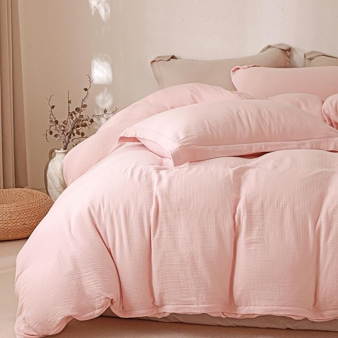 MorroMorn Muslin Duvet Cover California King Size, 100% Cotton Comforter Cover Set, Ultra Soft 3 Pieces 2-Layer Gauze Duvet Cover with 2 Pillowcases, Breathable Linen Like, 98"x104", Pink
