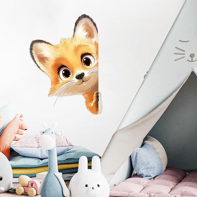 Peekaboo Fox Wall Decals Removable Watercolor Animal Peeking Vinyl Stickers for Nursery Living Room and Kids Playroom Cartoon Decor Peel and Stick Wall Art