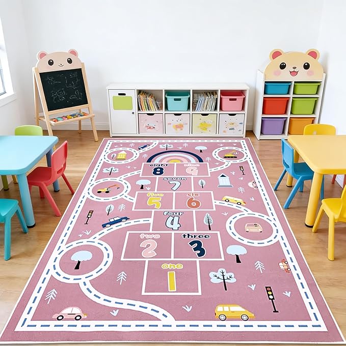 Hopscotch Kids Rug Carpet 7x10Ft Pink Car Road Play Mat for Girls Boys Classroom Bedroom Playroom Living Room, Educational & Learning, Large, Washable Children Preschool Rug, 6.6x9.8Ft