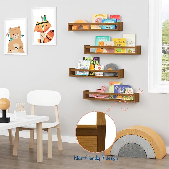 Forbena Solid Wood Floating Nursery Book Shelves for Wall, Walnut Nursery Bookshelf Wall Mounted for Bedroom, Large Kids Floating Bookshelves for Children Toys Classroom Books Art Decor (Dark Brown)