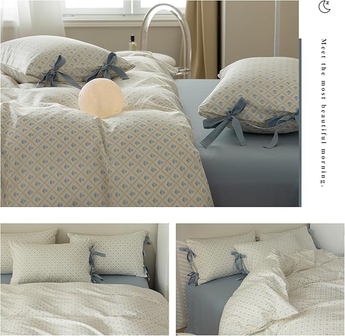 Girls Duvet Cover Twin Blue Floral Chic Bedding Set Soft Cotton 3 Piece with 2 Bow Ties Pillowcases Coquette Bedding Princess College Dorm Duvet Cover Set Twin Size for Teens French Country Style