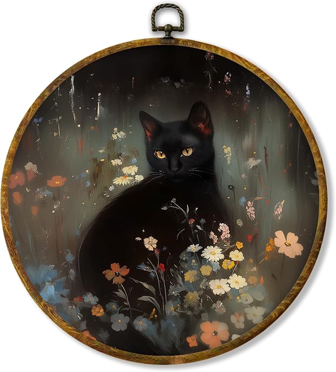 Hiuwevt Vintage Moody Floral Black Cat Round Wall Art Decor, Dark Cottagecore Floral Framed Canvas Prints, Rustic Black Kitty Round Wall Hanging Decor for Home Bedroom Decorations, 10x10 Inches