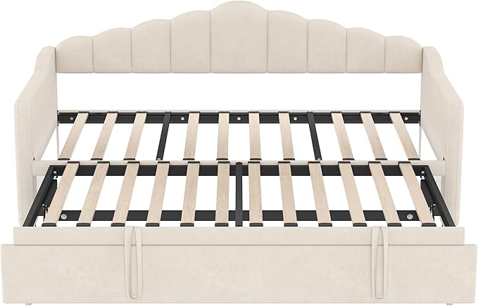 SOFTSEA Twin Daybed with Pop Up Trundle, Extendable Corner Day Bed with USB Ports, Velvet Tufted Sofa Bed Frame with Curved Backrest for Bedroom, Living Room, Beige